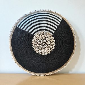 Cameroon beaded shield black and white circles with cowrie shells 55cm