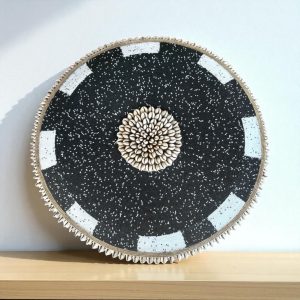 Cameroon beaded shield black and white geometric with cowrie shells 55cm