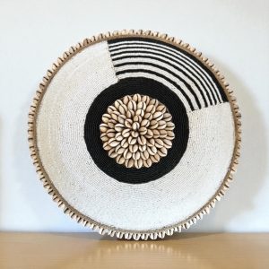 Cameroon beaded shield white, black, string and cowrie shells 55cm