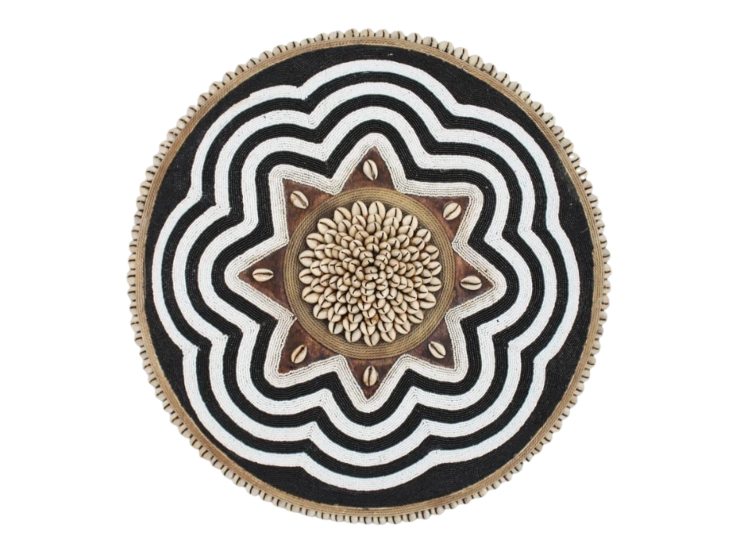 Cameroon Umbrella beaded shield white and silver with cowrie shells 55cm