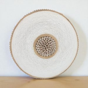 Cameroon beaded shield black, white flower and cowrie shells 55cm