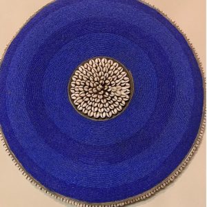 Cameroon umbrella beaded shield white, black and cowrie shells 55cm