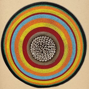 Cameroon beaded shield gold, black, white and cowrie shells 55cm