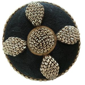 Cameroon beaded shield green, orange, white and cowrie shells 30cm