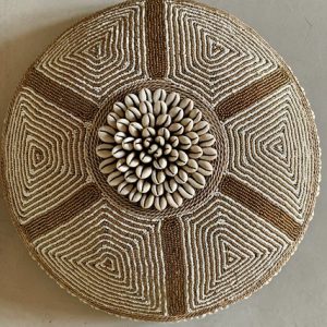Cameroon beaded shield brown, white multi and cowrie shells 55cm