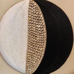 Cameroon beaded shield black and white circles with cowrie shells 30cm