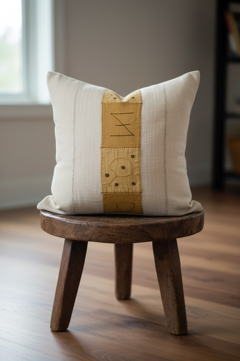 African Mudcloth cushion embellished with a handmade Kuba panel - Image 3