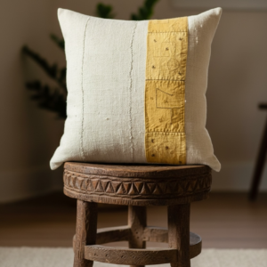 African Mudcloth cushion embellished with a handmade Kuba panel