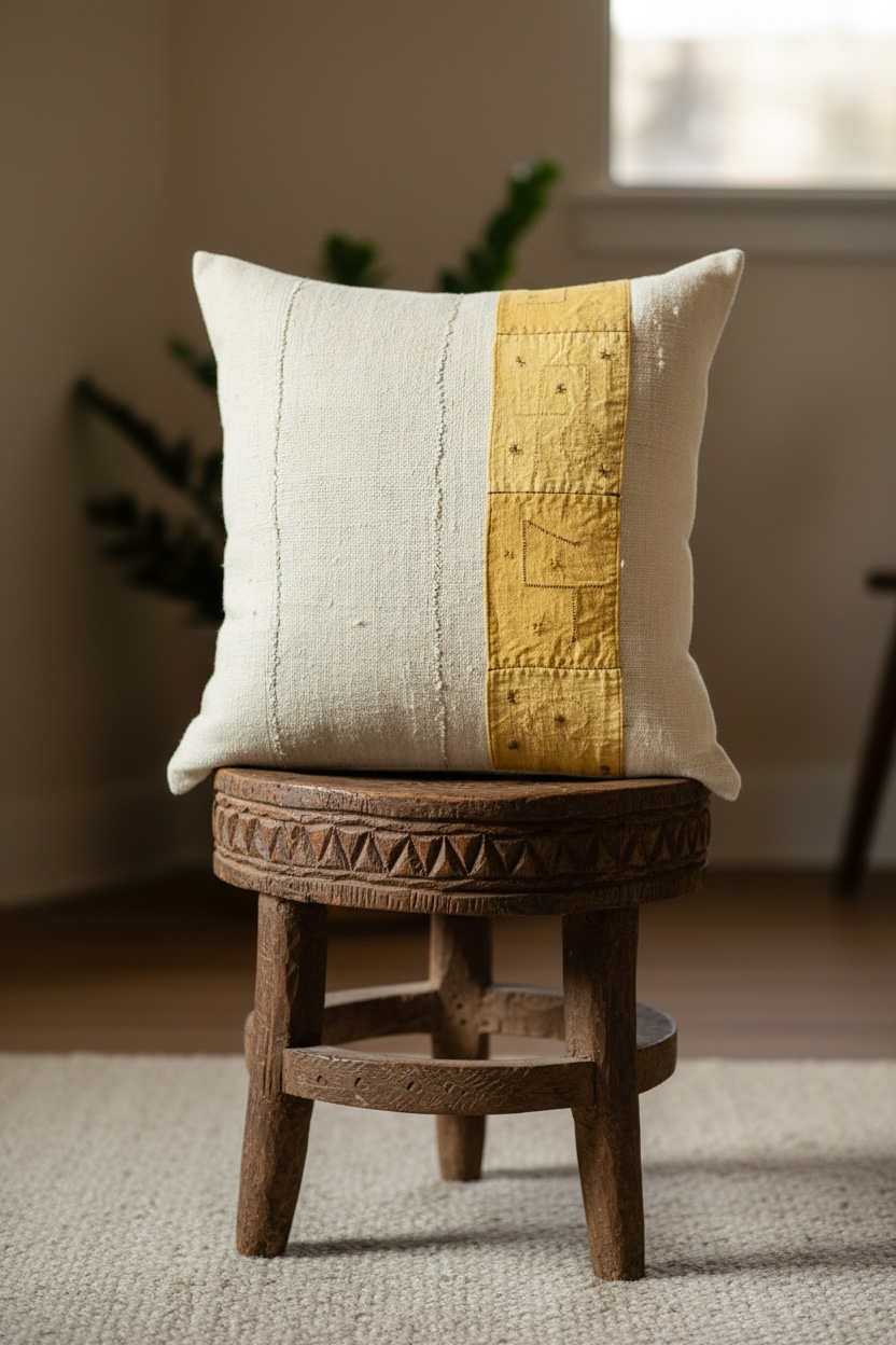 African Mudcloth cushion embellished with a handmade Kuba panel